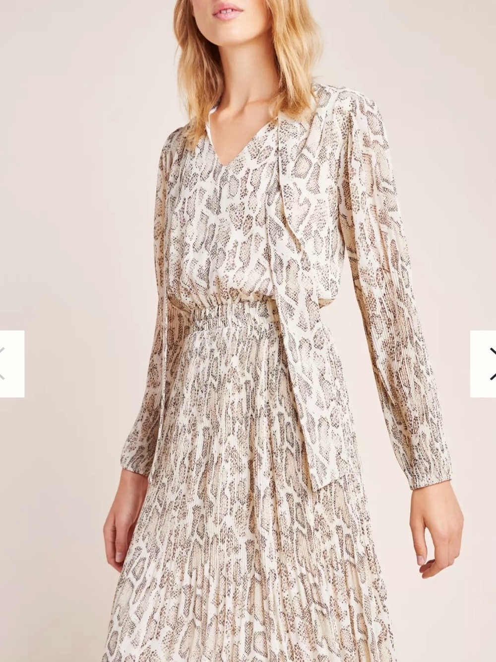 Current Air Olivia Snake-Print Long Sleeve Pleated V-Neck Dress